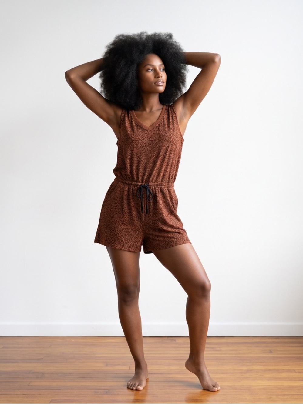 Amazon Essentials Brown Sleeveless Romper with Drawstring Waist